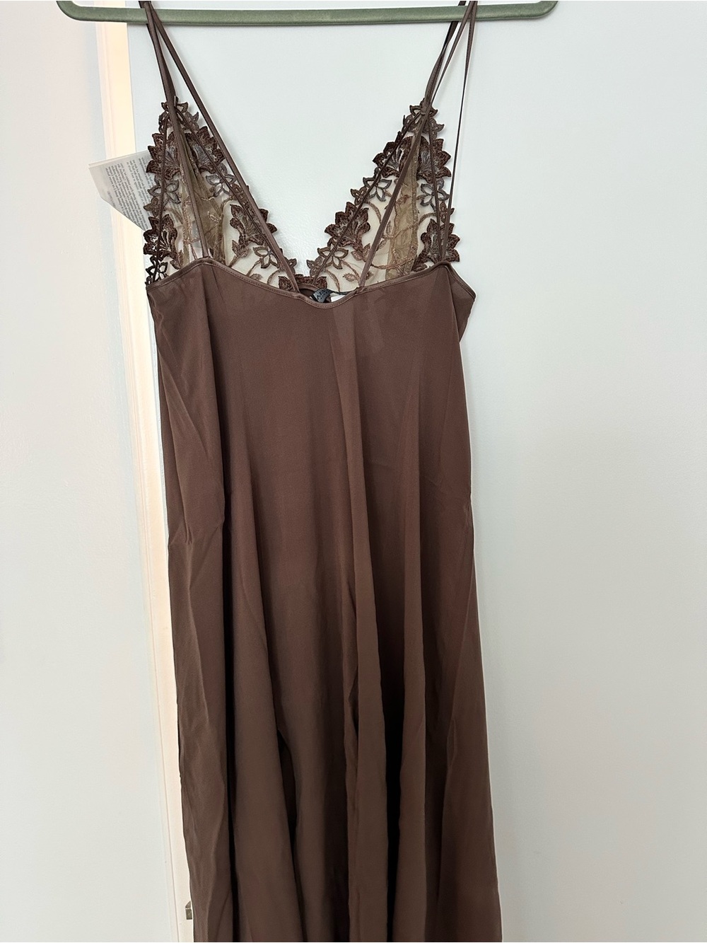 La Perla Silk Malizia Brown Lace-Trim Slip nightgown with Side Slits - Picture 9 of 14